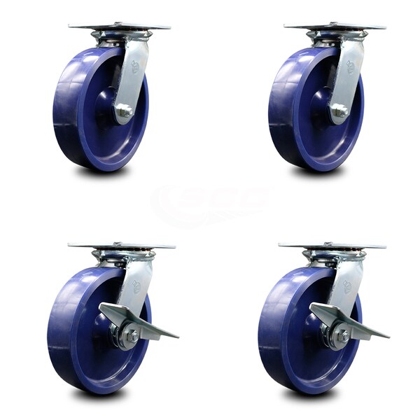 8 Inch Solid Poly Swivel Caster Set with Ball Bearings 2 Brakes
